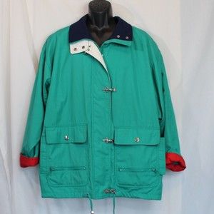 London Fog Men's Green zip front jacket with red accents vintage large size